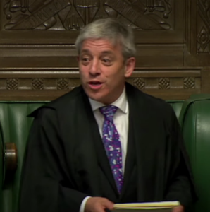 John Bercow sitting in Speaker's chair in Parliament